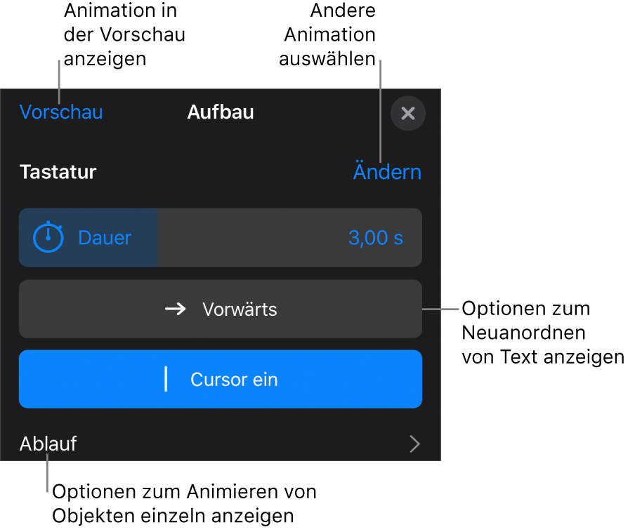 Animationsoptionen wie „Dauer“, „Textanimation“ und „Ablauf“. Tippe auf „Ändern“, um eine andere Animation zu wählen, oder tippe auf „Vorschau“, um eine Vorschau der Animation anzuzeigen.