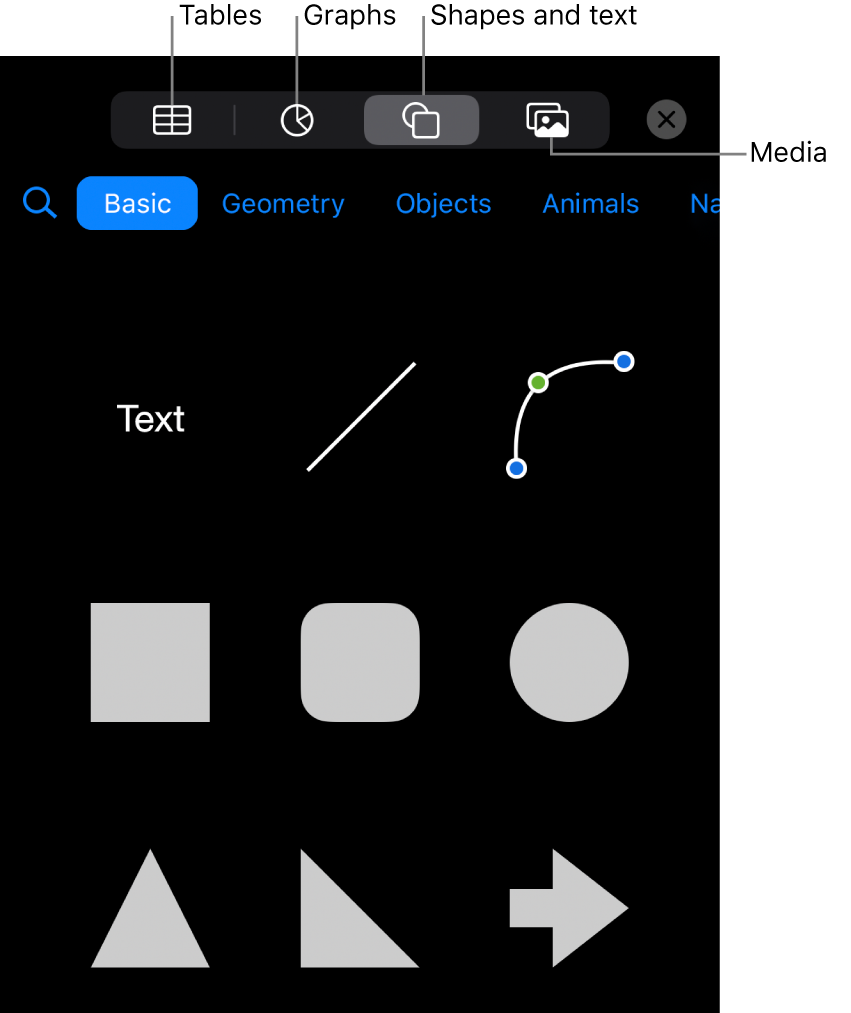 The controls for adding an object, with buttons at the top to select tables, graphs, shapes (including lines and text boxes), and media.