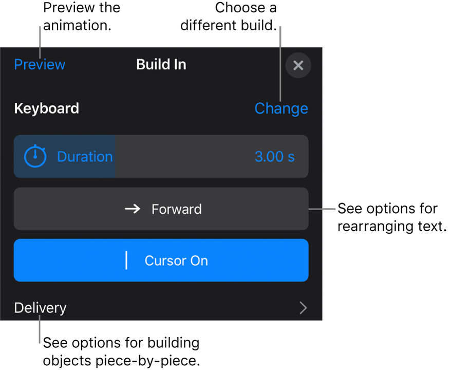 Build options include Duration, Text Animation and Delivery. Tap Change to choose a different build or tap Preview to preview the build.