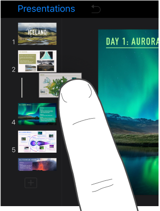 Image of a finger dragging a slide thumbnail in the slide navigator.