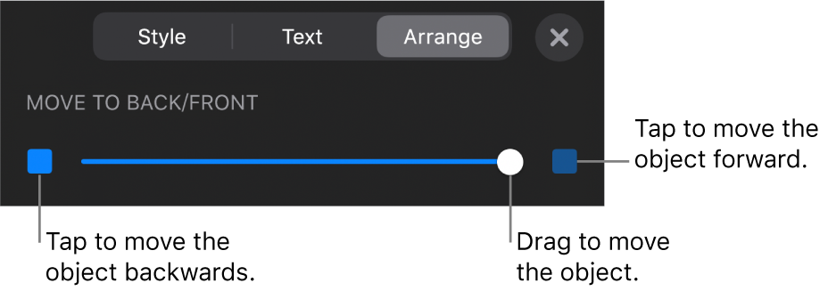 The Move Backward button, the Move Forward button and the layering slider.