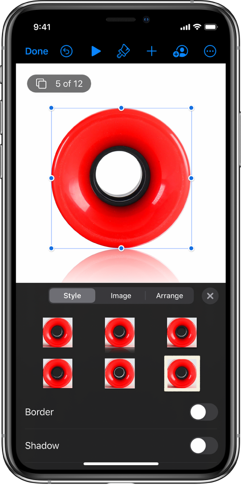 The Format controls for changing the size and appearance of the selected image. Style, Image, and Arrange buttons are across the top of the controls.