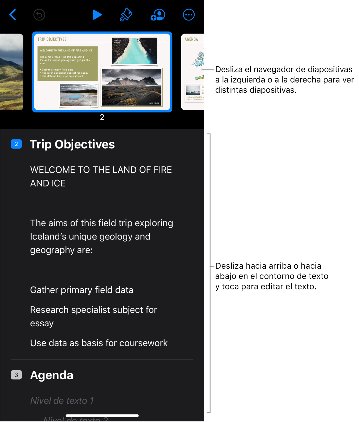 La vista de esquema con el navegador de diapositivas horizontal en la parte superior de la pantalla y un esquema de texto de una presentación en la parte inferior.