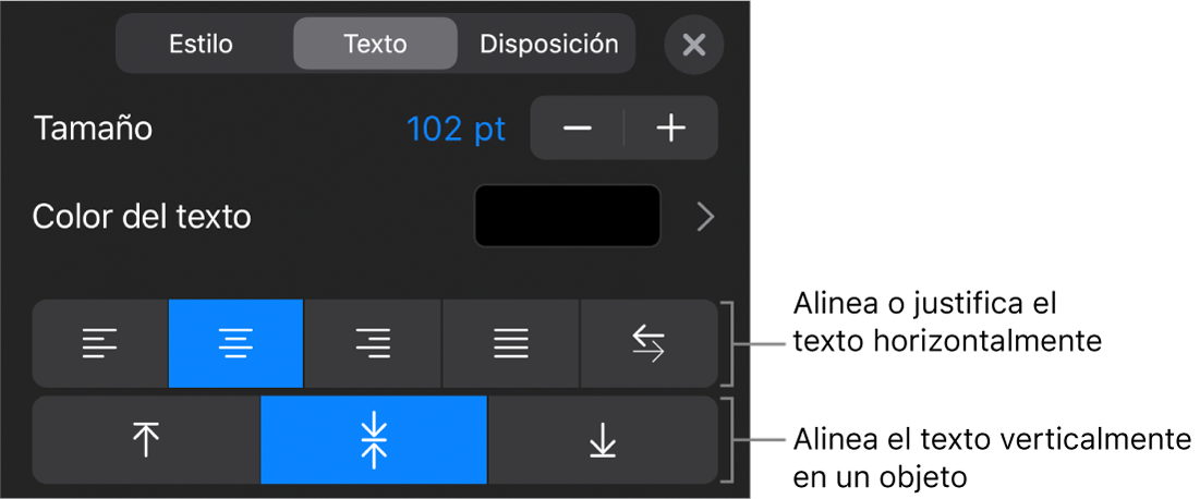 Sección Alineación del botón de formato con llamadas a los botones de alineación de texto.