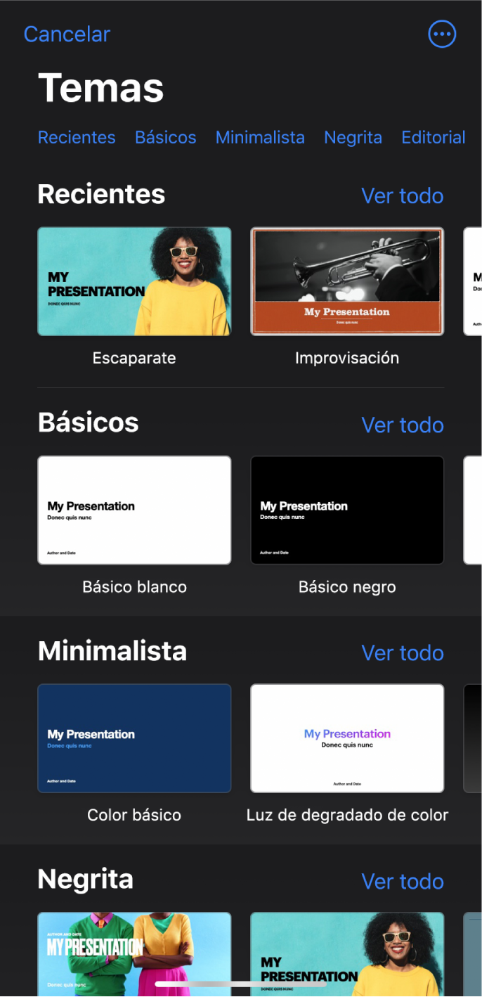 El selector de tema, mostrando una fila de categorías a lo largo de la parte superior en la que puedes pulsar para filtrar las opciones. El botón Más está en la esquina superior derecha, donde puedes ajustar el formato Estándar o Panorámico y definir el formato para un idioma o región específica. Debajo hay miniaturas de temas prediseñados organizados en filas por categorías. Por encima y a la derecha de cada fila de categoría aparece un botón “Ver todo”.