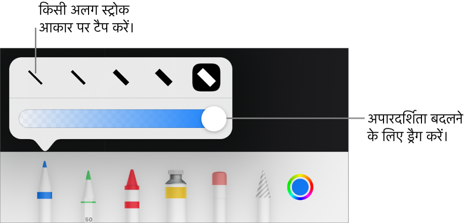 स्ट्रोक आकार चुनने और अपारदर्शिता समायोजित करने के लिए स्लाइडर चुनने के लिए नियंत्रण।