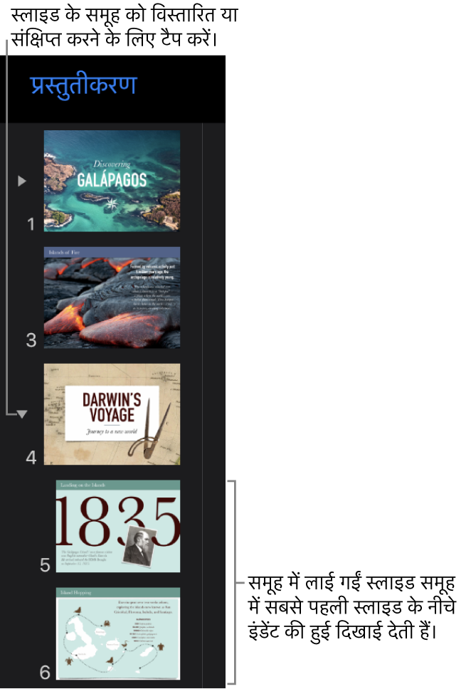 इंडेंट की गई स्लाइड को दिखा रहा स्लाइड नेविगेटर.