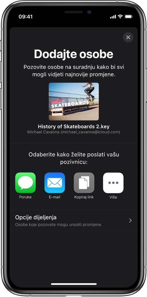 Zaslon Dodaj osobe prikazuje sliku prezentacije koja se dijeli. Ispod njega nalaze se tipke za načine slanja pozivnice, uključujući Poruke i Mail, Kopiraj link i Ostalo. Na dnu se nalazi tipka Opcije dijeljenja.