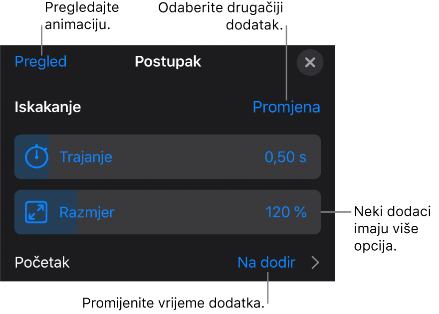 Opcije izdanja uključuju postavku vremena za Trajanje i Početak. Dodirnite Promijeni za odabir drugog izdanja, ili dodirnite Pretpregled za pregled izdanja.