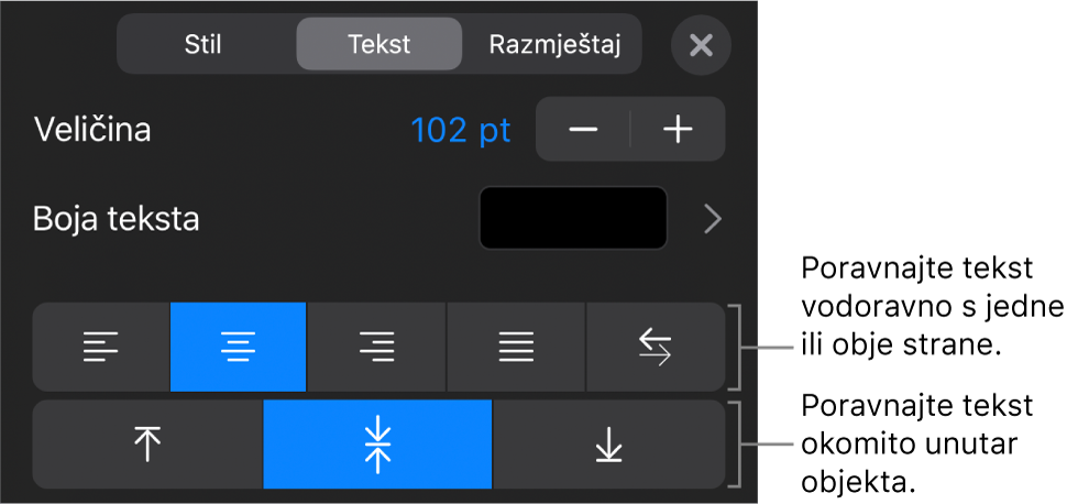 Odjeljak Poravnanje tipke Formatiraj s balončićima za tipke za poravnanje teksta.