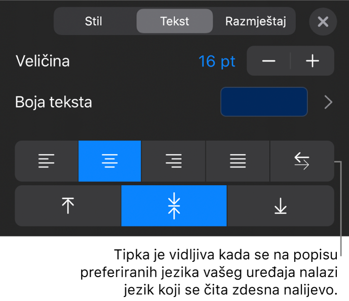 Kontrole teksta na izborniku Formatiraj s oblačićem na tipku S desna na lijevo.