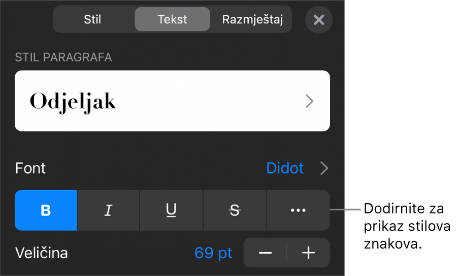 Kontrole opcije Formatiraj sa stilovima paragrafa pri vrhu, zatim kontrole Fonta. Ispod su tipke opcija teksta Podebljano, Kurziv, Podcrtavanje, Precrtavanje i Više.