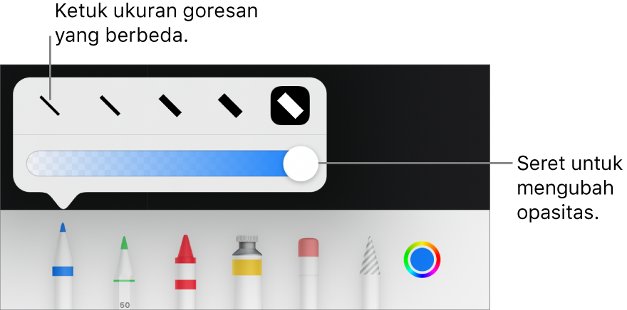 Kontrol untuk memilih ukuran coretan dan penggeser untuk menyesuaikan opasitas.
