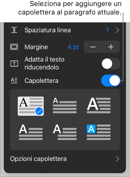 I controlli Capolettera situati nella parte inferiore del menu Testo.