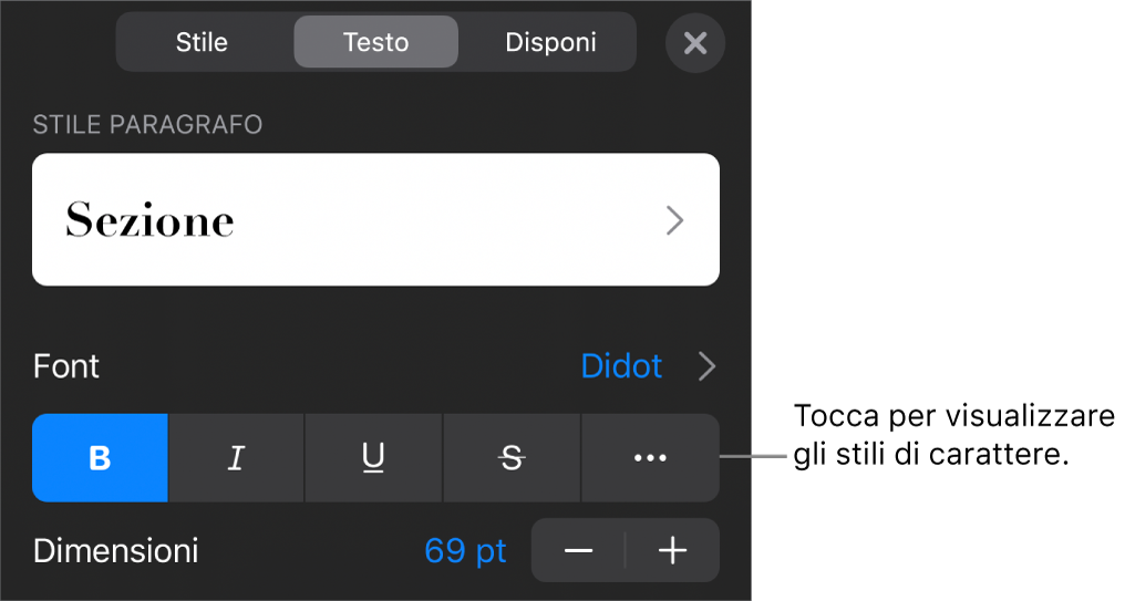 I controlli Formato con gli stili di paragrafo nella parte superiore, quindi i controlli Font. Sotto Font sono presenti i pulsanti Grassetto, Corsivo, Sottolineato, Barrato e “Altre opzioni di testo”.