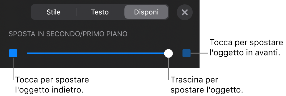 Pulsante sposta indietro, pulsante sposta avanti e cursore livelli.