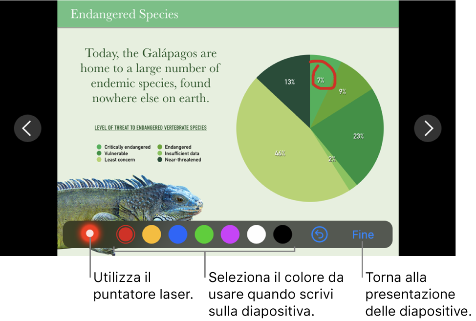 Diapositiva in modalità di illustrazione diapositive con il puntatore laser e i controlli di selezione del colore.