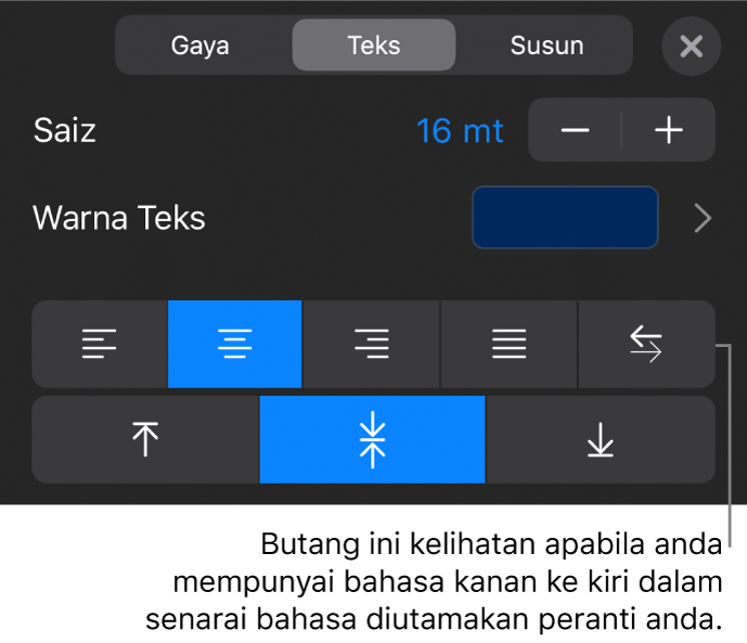Kawalan teks dalam menu Format dengan petak bual ke butang Kanan ke Kiri.