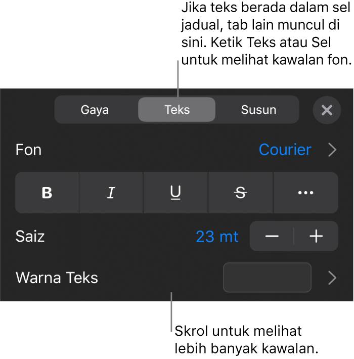 Kawalan teks dalam menu Format untuk mengesetkan perenggan dan gaya, fon, saiz dan warna aksara.