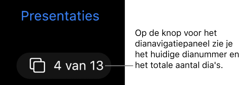 De knop voor het dianavigatiepaneel toont de tekst "4 van 13", onder de knop 'Presentaties' boven in het diawerkgebied.