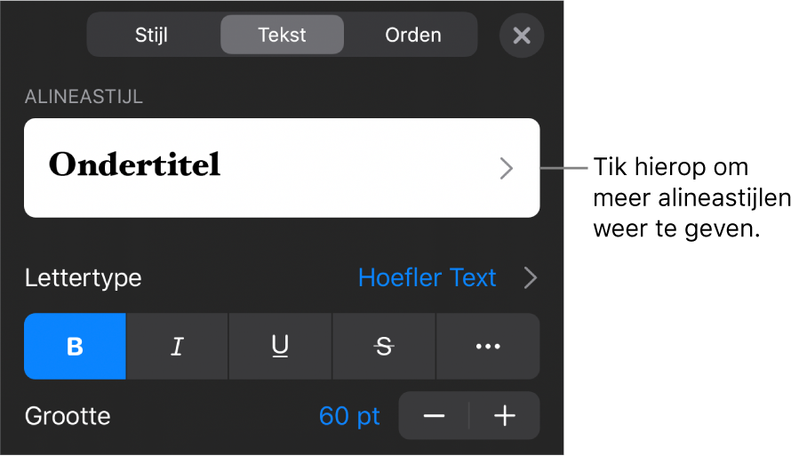 Het opmaakmenu met tekstregelaars voor het instellen van alinea- en tekenstijl, lettertype, lettergrootte en kleur.