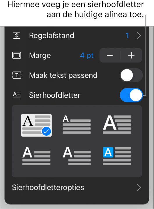 De regelaars voor sierhoofdletters onder in het menu 'Tekst'.