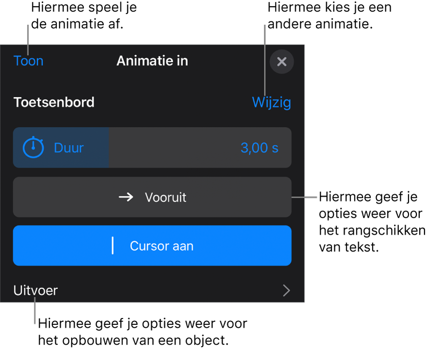 Je kunt opties instellen als 'Duur', 'Tekstanimatie' en 'Uitvoer'. Tik op 'Wijzig' om een andere animatie te kiezen. Tik op 'Toon' voor een voorvertoning van de animatie.