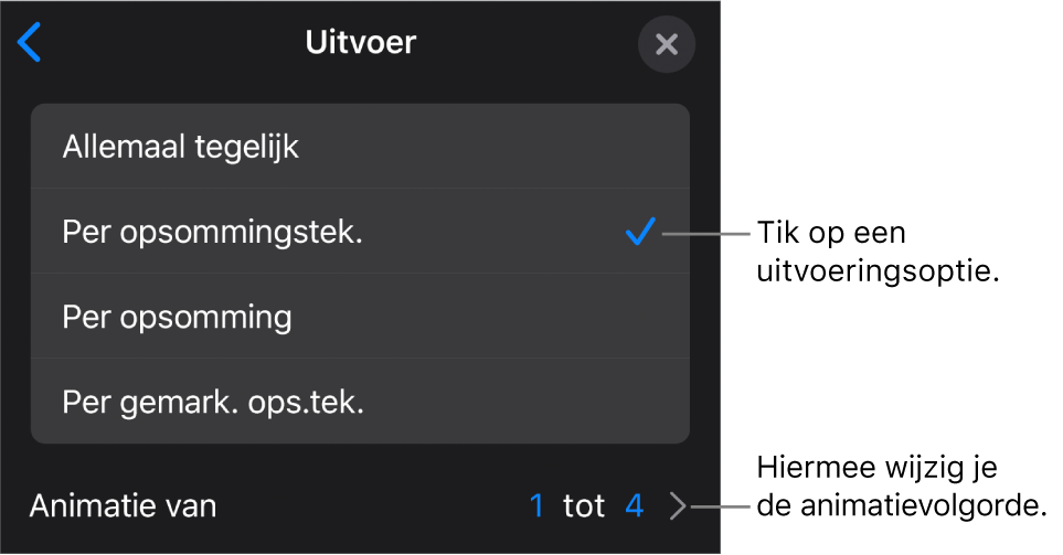 Uitvoeringsopties in het paneel 'Animatie in'.