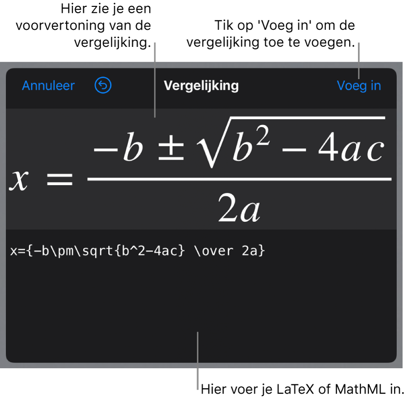 Het venster 'Vergelijking' met daarin een LaTeX-wortelformule en erboven een voorvertoning van de formule.