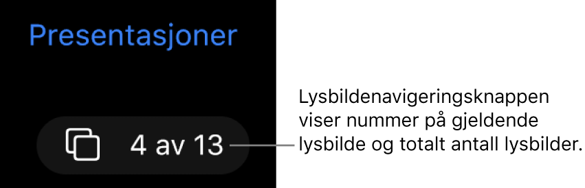 Lysbildenavigeringsknappen, som viser 4 av 13, plassert under Presentasjoner oppe til venstre i lysbildelerretet.