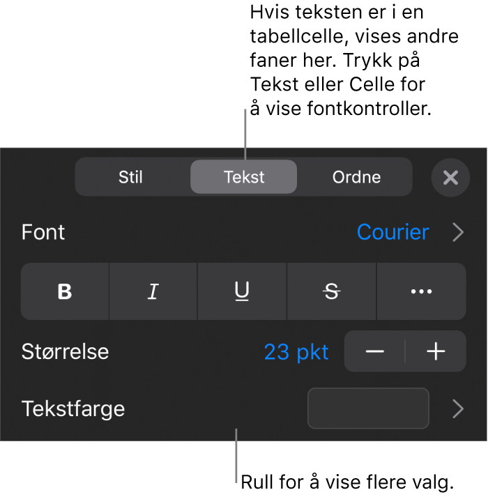 Tekstkontroller i Format-menyen for å angi avsnitts- og tegnstiler, font, størrelse og farge.