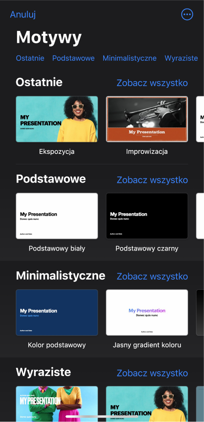 Paleta motywów z widocznym na górze wierszem kategorii, w które możesz stuknąć, aby filtrować dostępne motywy. Przycisk Więcej znajduje się w prawym górnym rogu, gdzie możesz ustawić format Standardowy lub Szeroki, a także ustawić formatowanie specyficzne dla języka lub regionu. Poniżej widoczne są miniaturki gotowych motywów uporządkowane wierszami według kategorii. Po prawej stronie nad każdym wierszem kategorii widoczny jest przycisk Zobacz wszystkie.