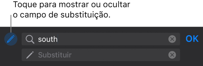 Controles para buscar e substituir texto.