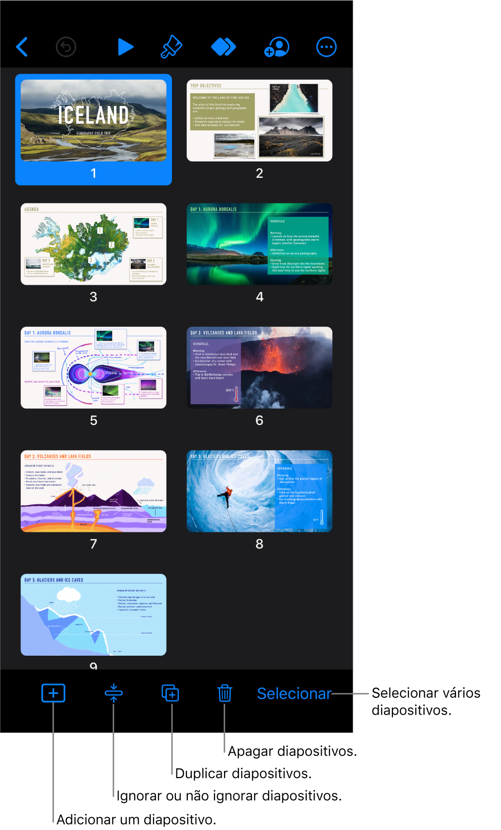 Vista de mesa luminosa com botões na parte inferior do ecrã para adicionar, ignorar, duplicar e apagar diapositivos, e para selecionar vários diapositivos.
