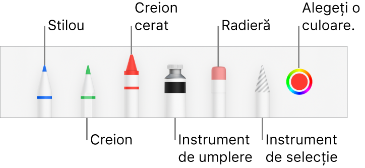 Bara de instrumentele pentru desen cu stilou, creion, creion cerat, instrument de umplere, radieră, instrument de selecție și sursă de culoare afișând culoarea curentă.