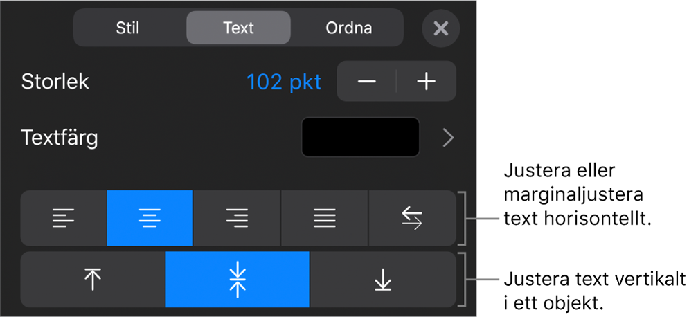 Justeringsavsnittet för formatknappen med linjer som pekar på knapparna för textjustering.