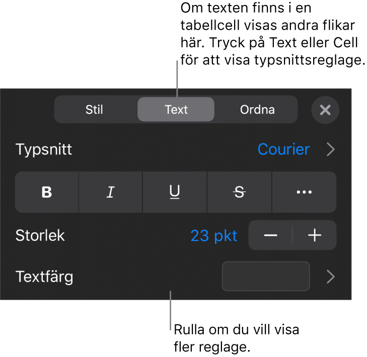 Textreglage i menyn Format för att ställa in stycke- och teckenstilar, typsnitt, storlek och färg.