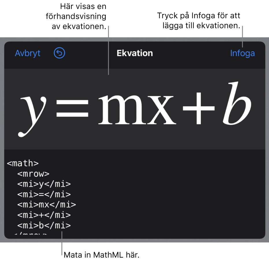 MathML-koden för en ekvation för en linjes lutning och en förhandsvisning av formeln nedanför.