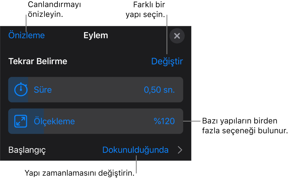 Yapı seçenekleri Süre ve Zamanlamayı başlat’ı içerir. Farklı bir yapı seçmek için Değiştir’e, yapıyı önizleme için Önizleme’ye dokunun.