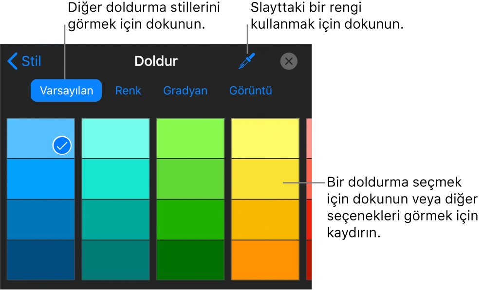 Stil sekmesinde Doldurma seçenekleri.