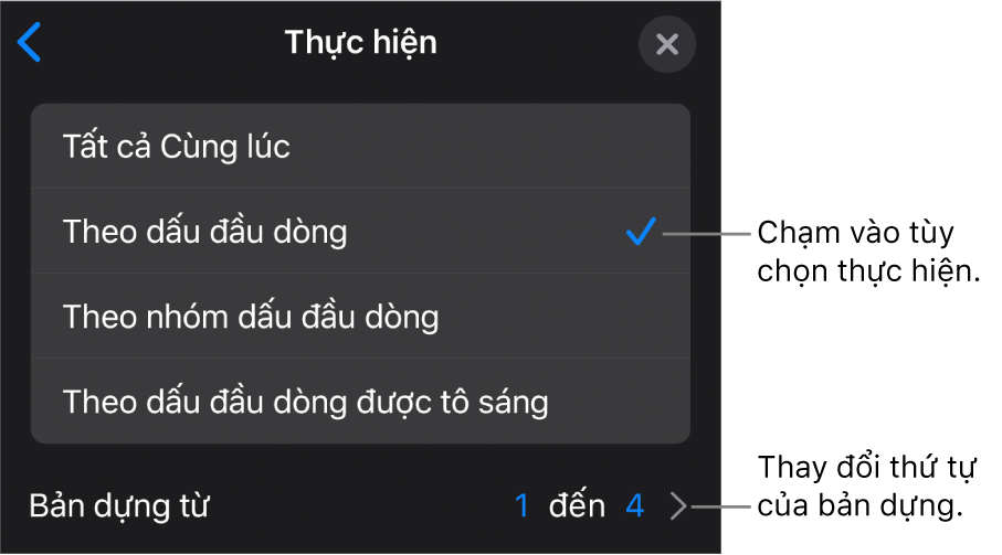 Tùy chọn Thực hiện trong khung Xuất hiện.