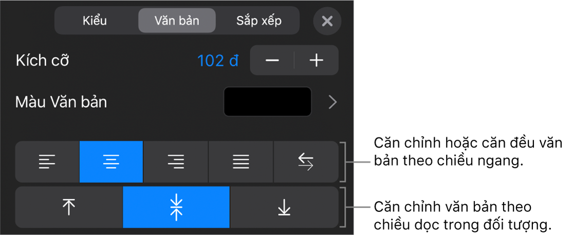 Phần Căn chỉnh của nút Định dạng với các lời nhắc đến các nút căn chỉnh văn bản.