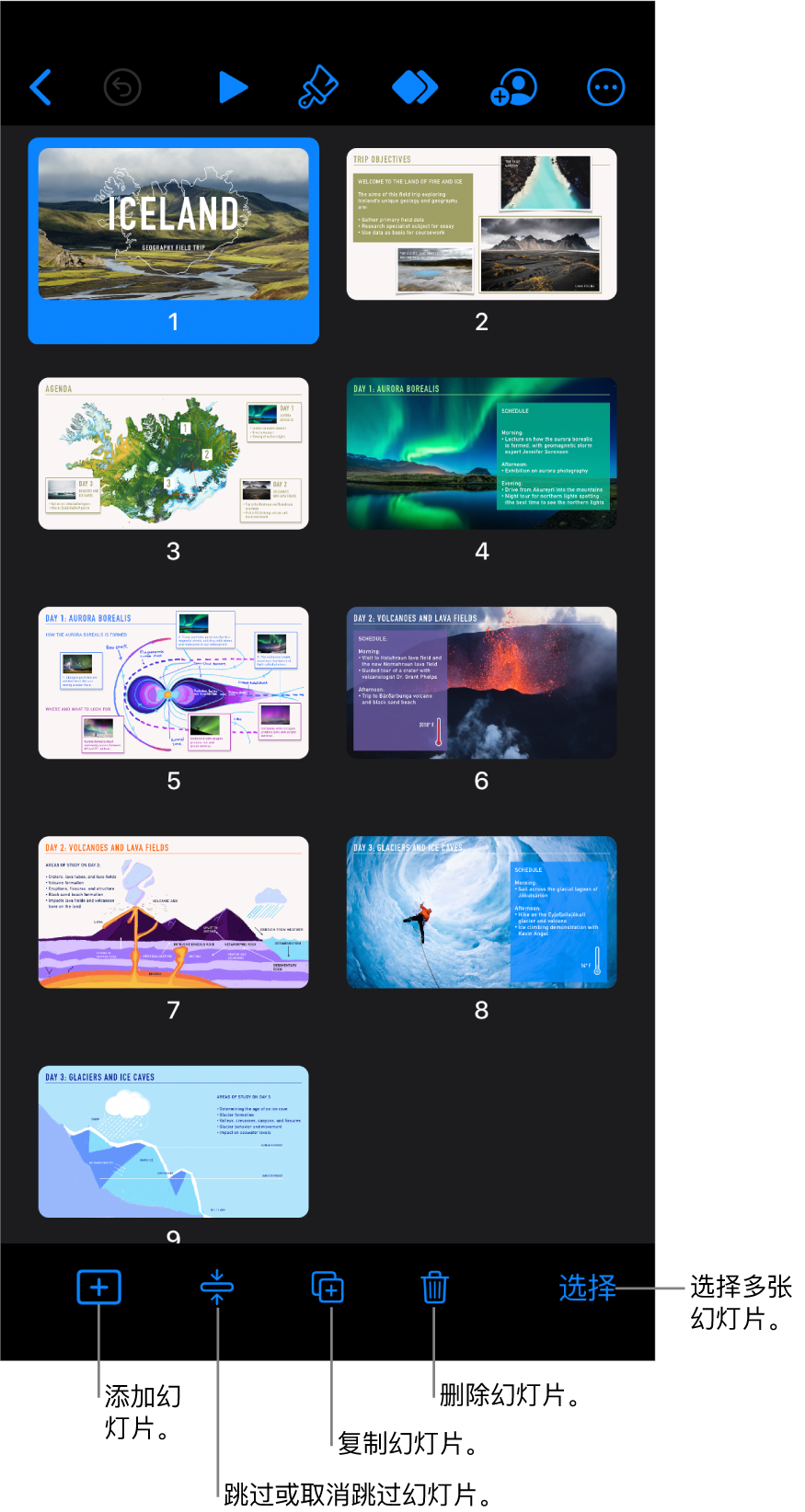 看片台视图，屏幕底部显示用于添加、跳过、复制和删除幻灯片以及选择多张幻灯片的按钮。