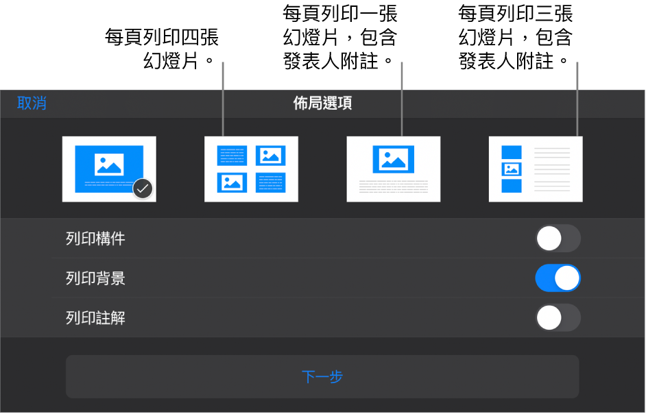 列印佈局選項。