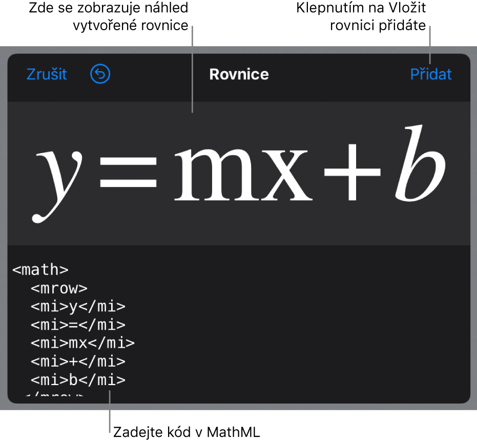 Rovnice směrnice přímky zapsaná v kódu MathML a nad ní náhled výsledného vzorce