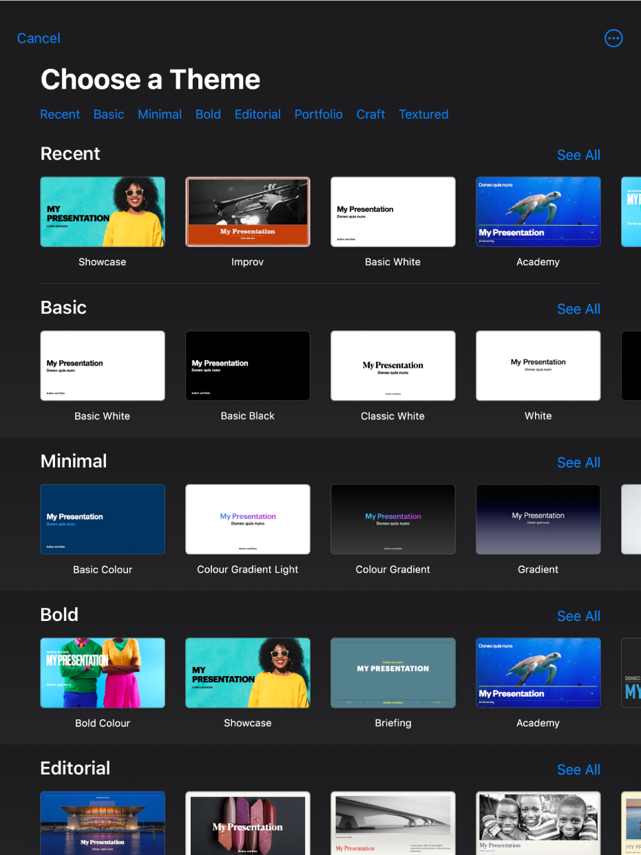 The theme chooser, showing a row of categories across the top that you can tap to filter the options. The More button is in the top-right corner, where you can set Standard or Wide format and set formatting for a specific language or region. Below are thumbnails of pre-designed themes arranged in rows by category. A See All button appears above and to the right of each category row.