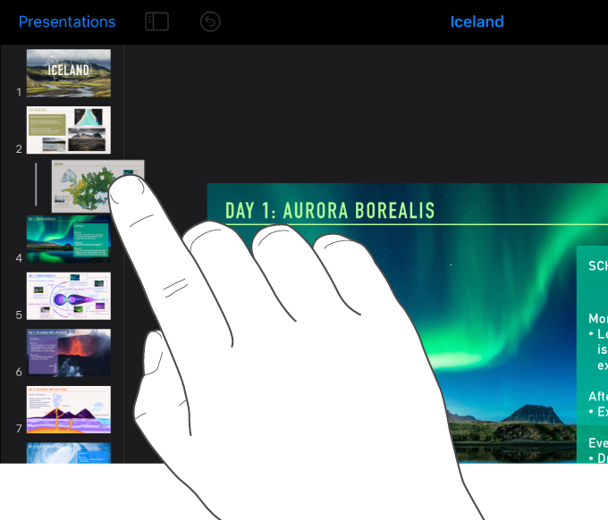 Image of a finger dragging a slide thumbnail in the slide navigator.