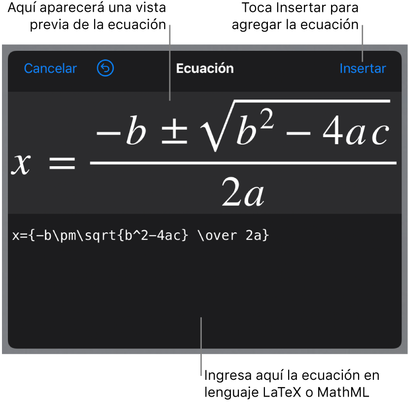 El diálogo Ecuación con la fórmula cuadrática escrita con comandos de LaTeX y una previsualización de la fórmula encima.