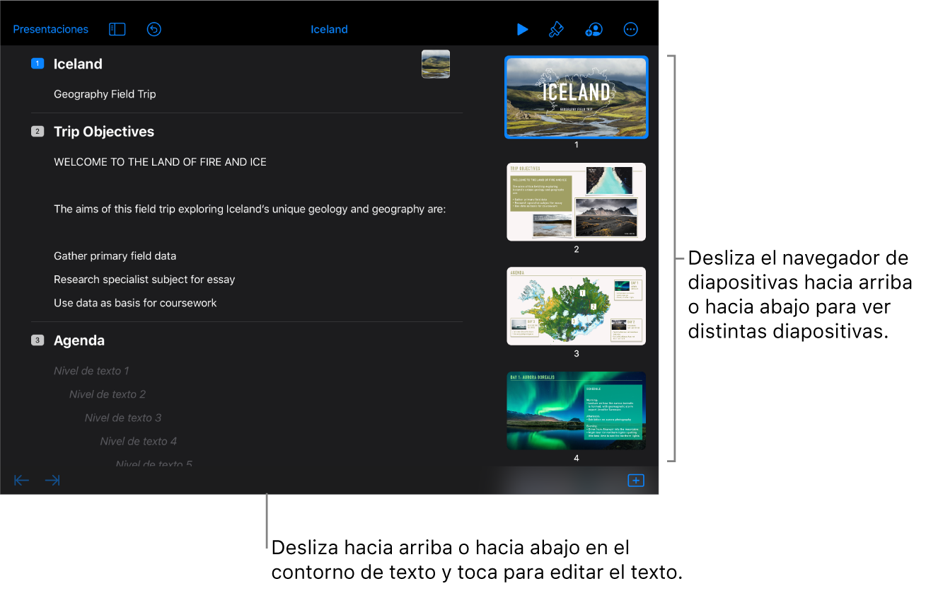 La vista de esquema con un esquema de texto de una presentación en el lado izquierdo de la pantalla y el navegador de diapositivas vertical en el lado derecho.