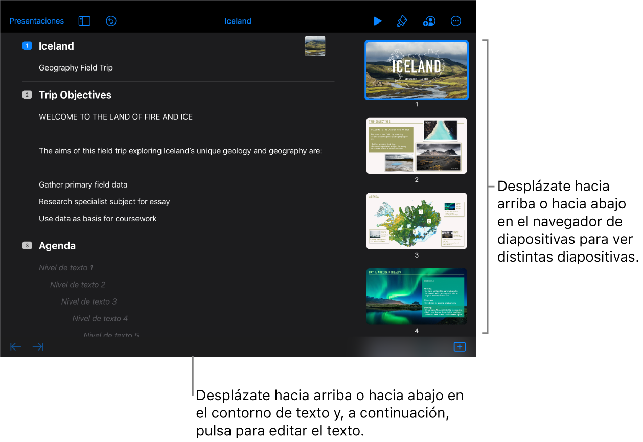 La vista de esquema con un esquema de texto de una presentación en la parte izquierda de la pantalla, y el navegador de diapositivas vertical en la parte derecha.